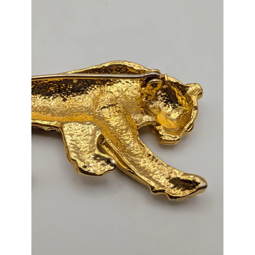 Vintage Tiger Panther Brooch Pin Gold Tone Black Enamel Amber Rhinestone Big Cat